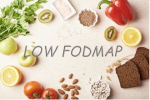 A group of low Food Map diet. Fruits, vegetables, greenery, nuts, beans, flax seeds, chia seeds, and wholegrain bread